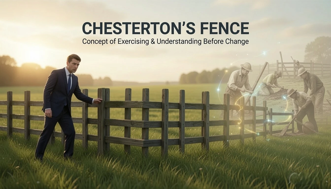 A man in a business suit stands thoughtfully beside a wooden fence in a grassy field at sunset, with historical workers repairing the fence in the background. Title reads: Chesterton’s Fence – Concept of Exercising & Understanding Before Change.