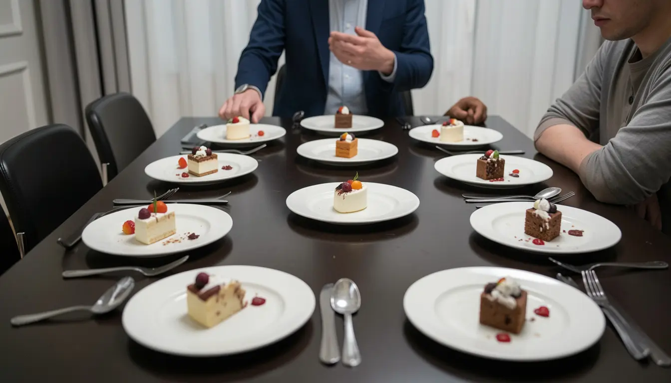 A person sitting at a restaurant table looking less interested as multiple plates of the same dessert are placed in front of them, showing reduced satisfaction with increased consumption.