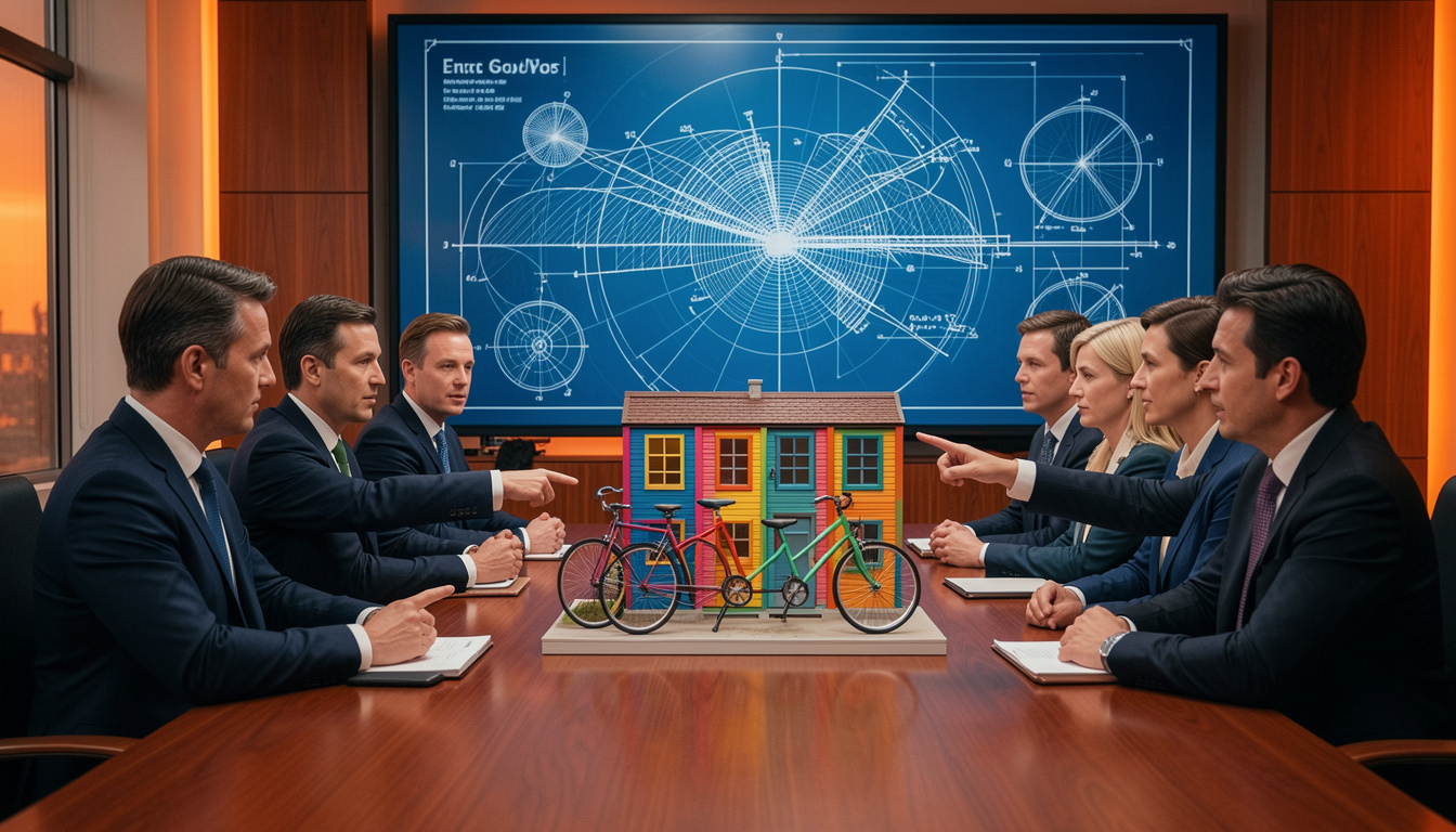 Executives in a boardroom intensely debate a small bicycle shed while largely ignoring a complex nuclear power plant blueprint, illustrating the Law of Triviality or Bike-Shedding.