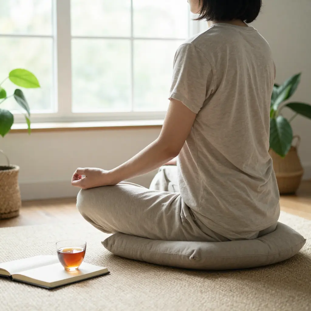 Person practicing mindfulness meditation at home to improve mental health and emotional resilience.