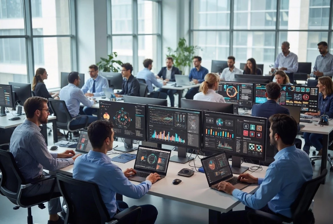 Modern AI agency team using artificial intelligence tools, automation dashboards, chatbots, and analytics systems in a futuristic digital workspace.