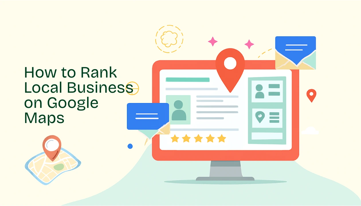 Illustration showing how to rank higher on Google Maps with local SEO optimization, business listings, and Google Business Profile strategies.