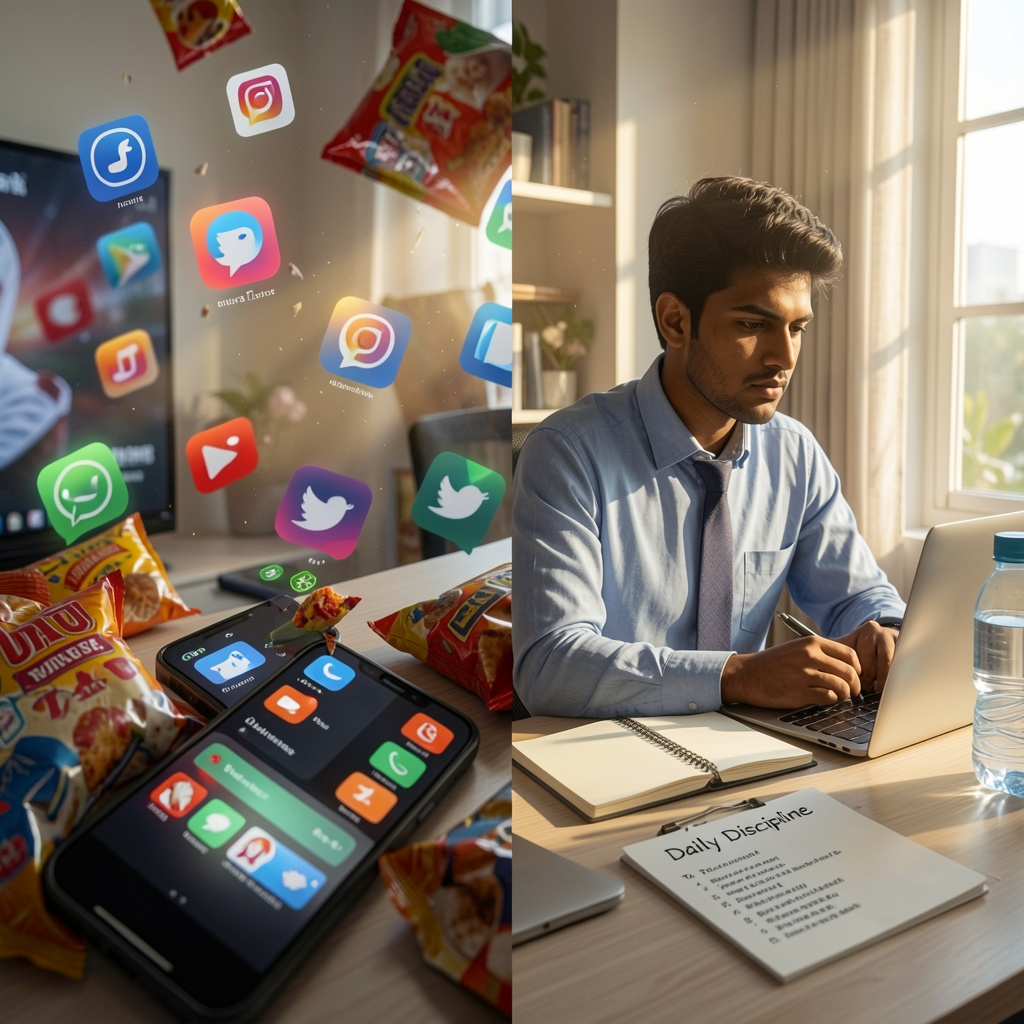 A focused young Indian professional sits at a clean desk in the early morning, working calmly as sunlight streams through a window. On one side, blurred distractions like a glowing smartphone, social media icons, junk food, and a TV create a sense of chaos. On the other side, the workspace is neat and organized with a laptop, notebook, water bottle, and a to-do list labeled “Daily Discipline.” In the background, a subtle progression shows the person growing more confident and successful over time. A rising sun, a clock, and a faint upward graph symbolize consistency, growth, and long-term success.