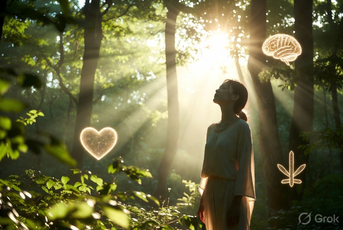 Sunlight through trees in a forest representing natural healing and wellness