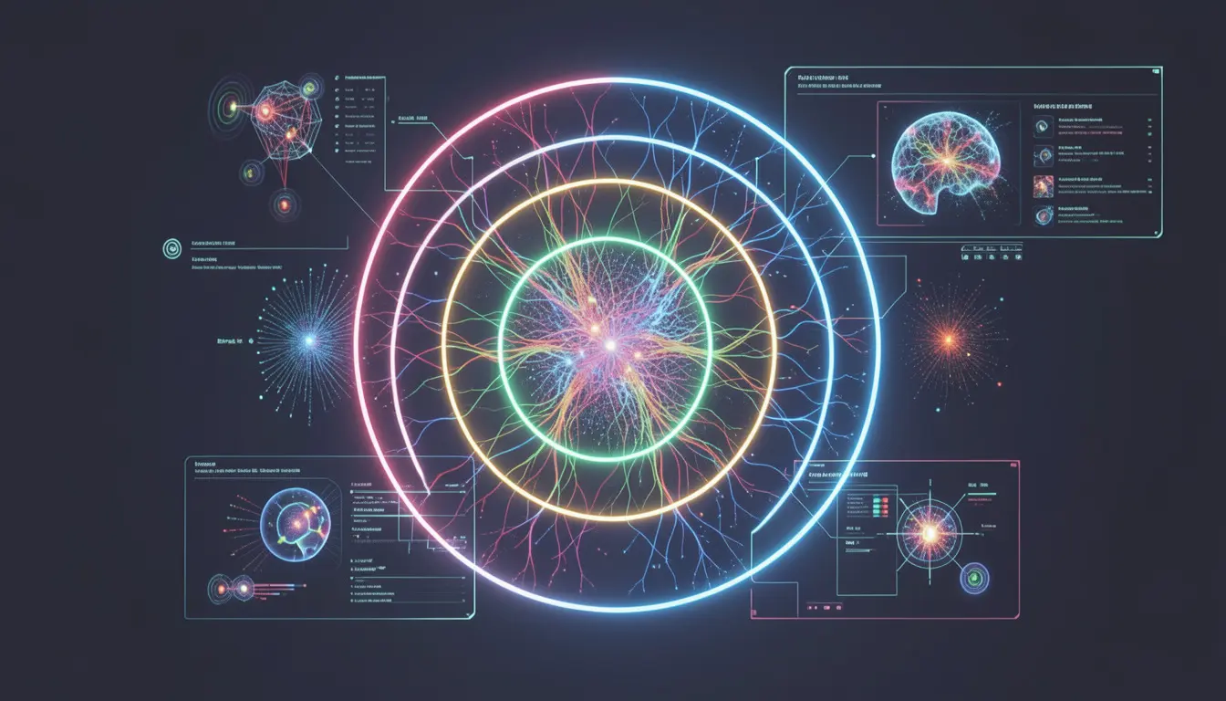 showing the relationship between artificial intelligence, machine learning, and deep learning using nested digital layers connected to real-world AI applications and neural networks.