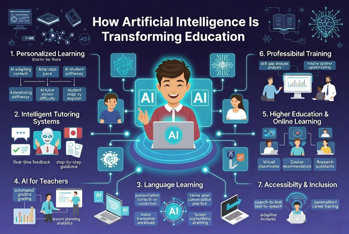 Educational infographic showing how artificial intelligence personalizes learning, powers AI tutoring systems, supports teachers, improves language learning, and enhances education through adaptive learning technologies.