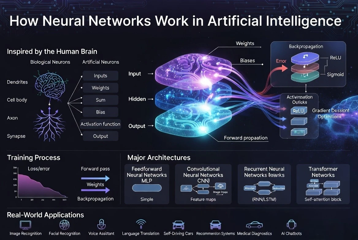 Neural network infographic showing artificial neurons, input and hidden layers, backpropagation, deep learning architectures, and AI applications including image recognition, language processing, and chatbots.